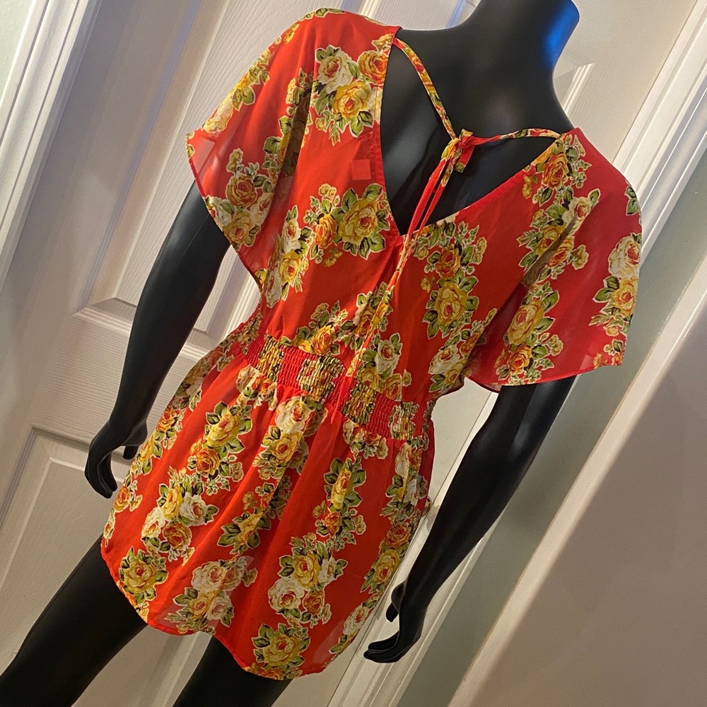 Forever 21 Red Floral Print Sheer Top - Picture 7 of 10